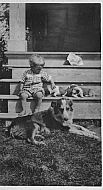 Young Boy on Steps With Puppies