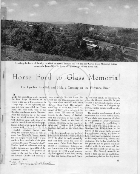 Horse Ford to Glass Memorial Article